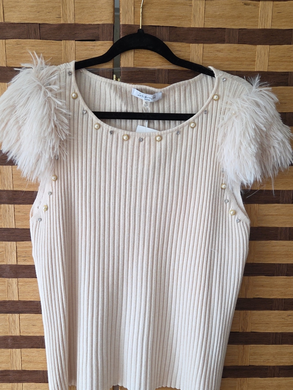 NWT! Sioni Cream Ribbed Top with Feather Sleeve Detail And Rhinestones